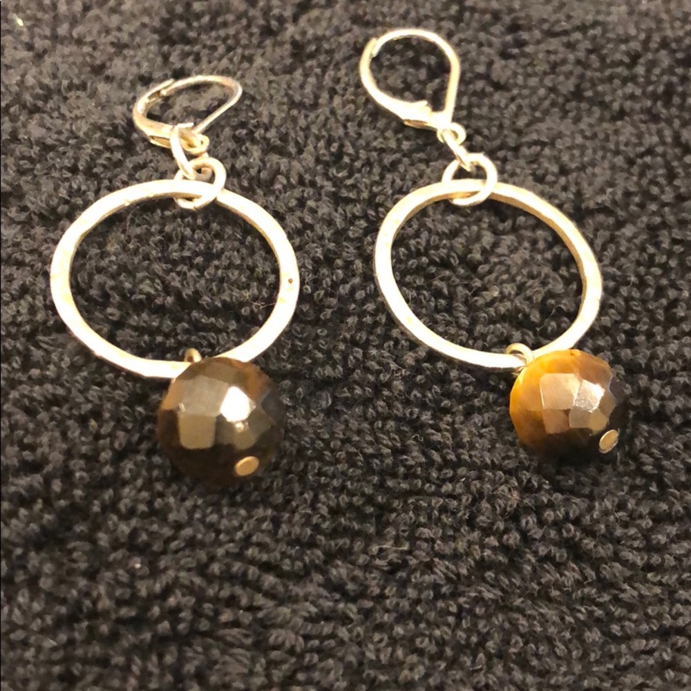 Hammered silver and brown bead earrings